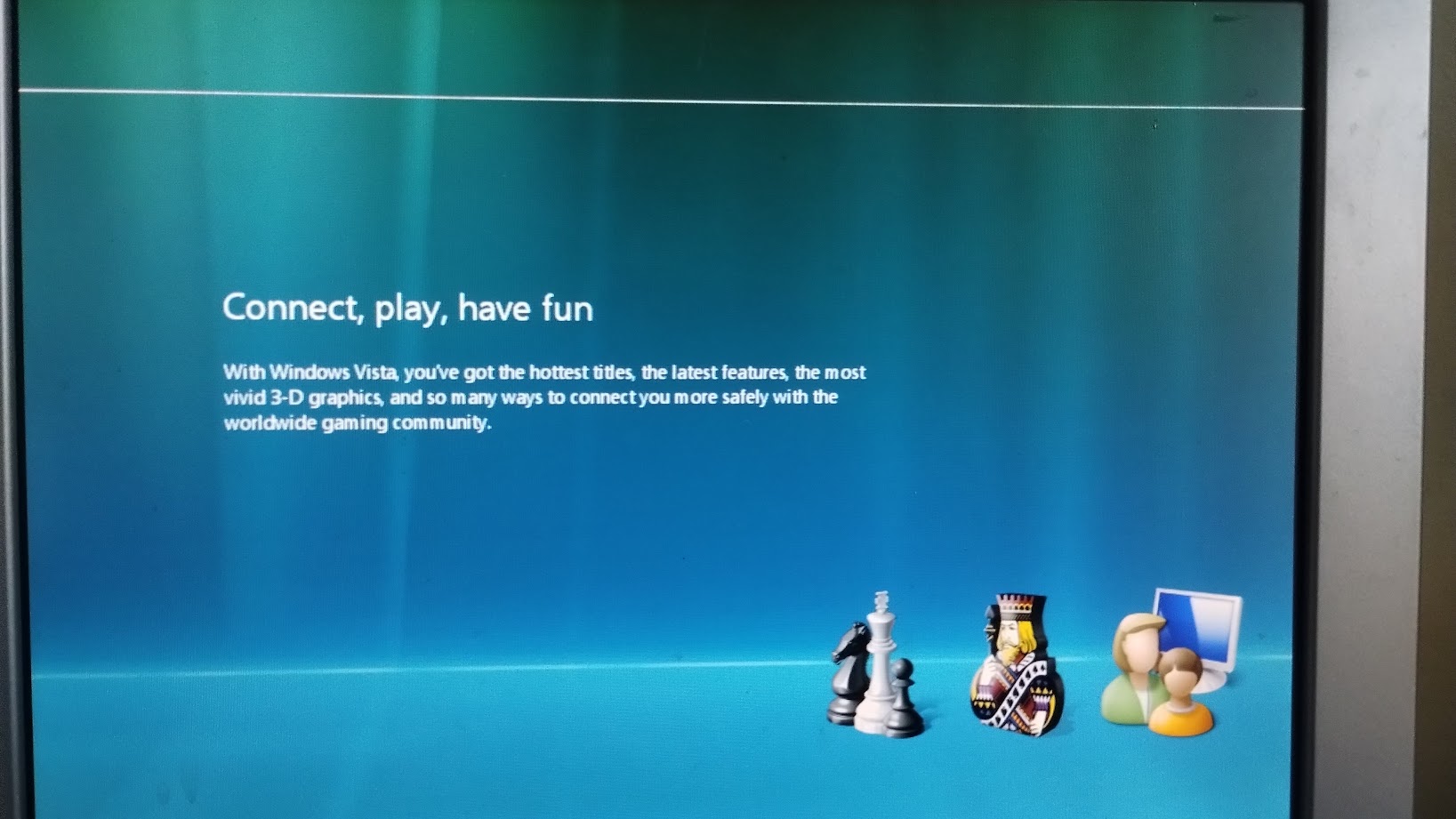 A screen of the Windows Vista install program, telling of its debatable gaming capabilities and describing how it will quote connect you more safely with the worldwide gaming community.