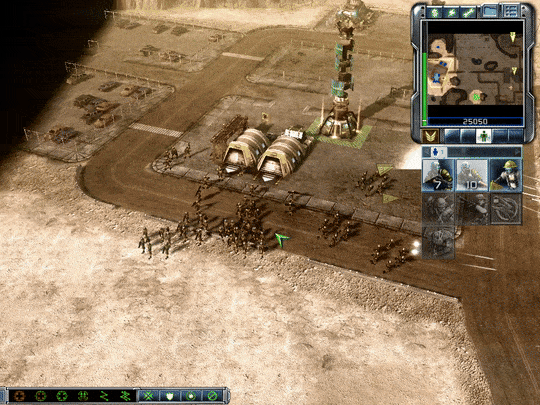 A .GIF showing gameplay of Command & Conquer 3. A large group of soldiers in a desert fire a heavy and visually intensive barrage of rockets and rifle shots at a small band of armed motorcycles.